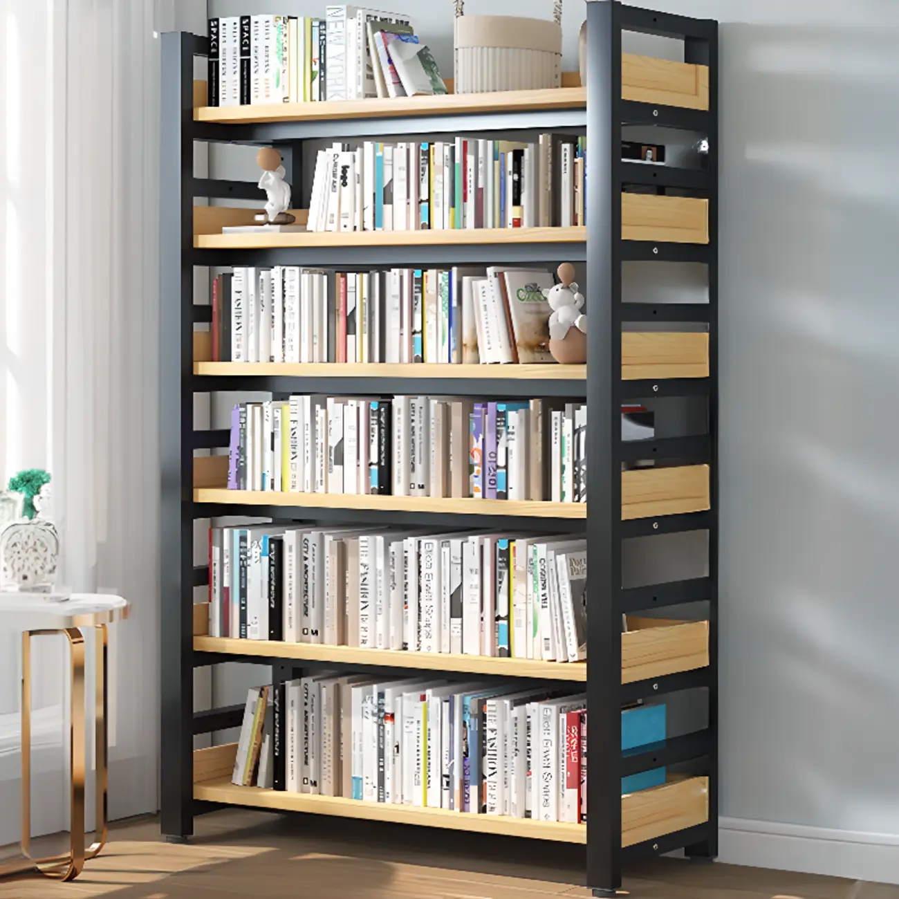 Freestanding Simple Multi-Layer Wood Bookshelf in Steel Frame
