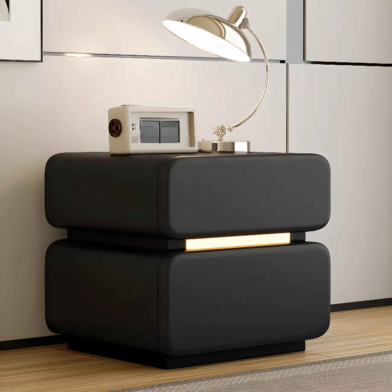 Modern Black Leather Top  2 Drawers Accent Nightstand