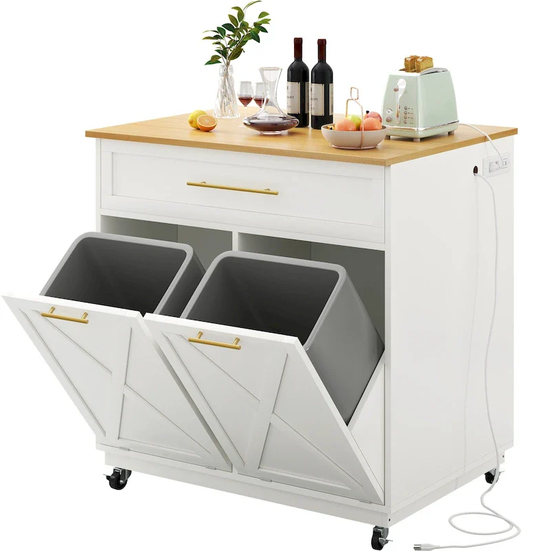 Moasis Rolling Kitchen Island Mobile Cart with Trash Can Storage Cabinet