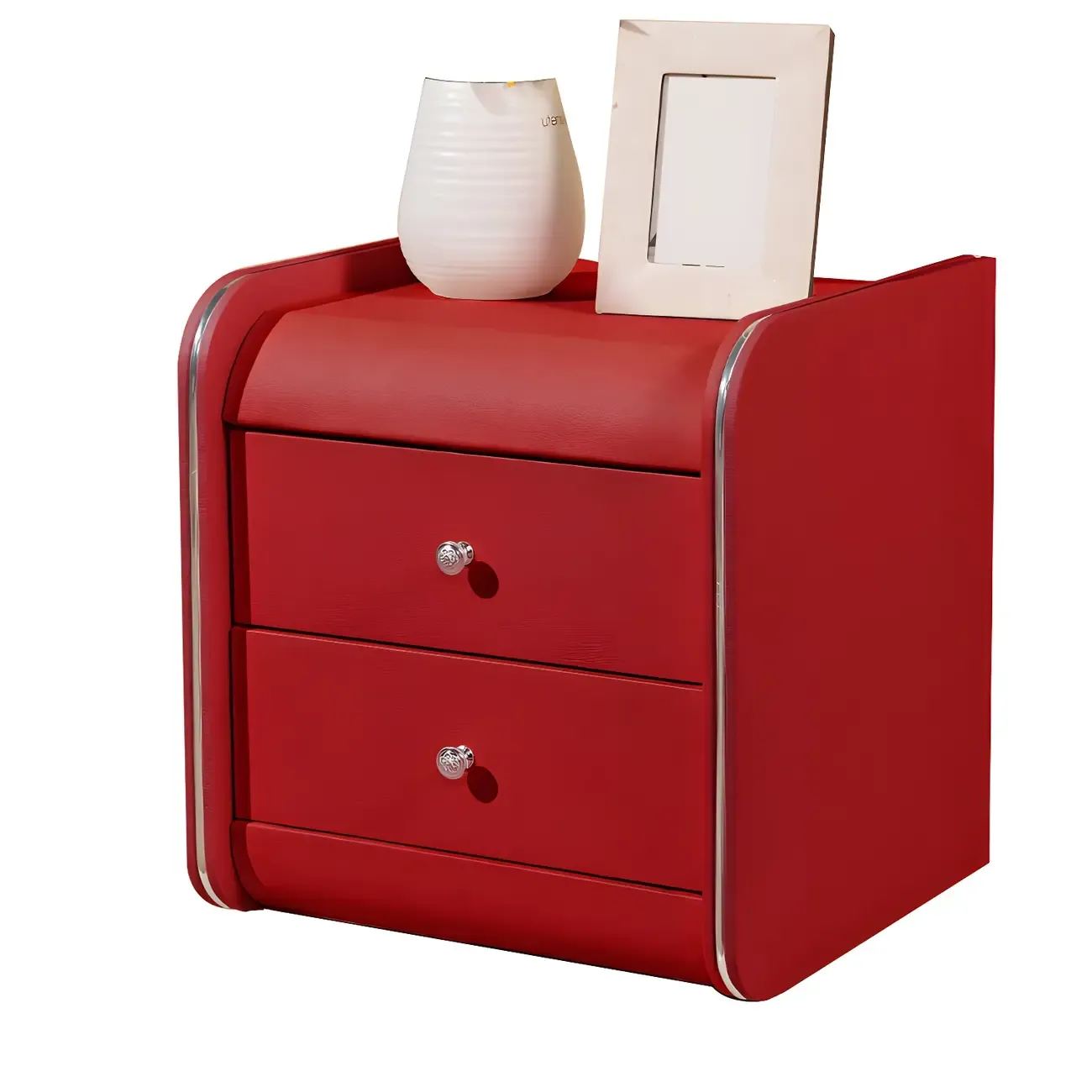 Stylish Narrow Faux Leather Bedside Table with 2 Drawers