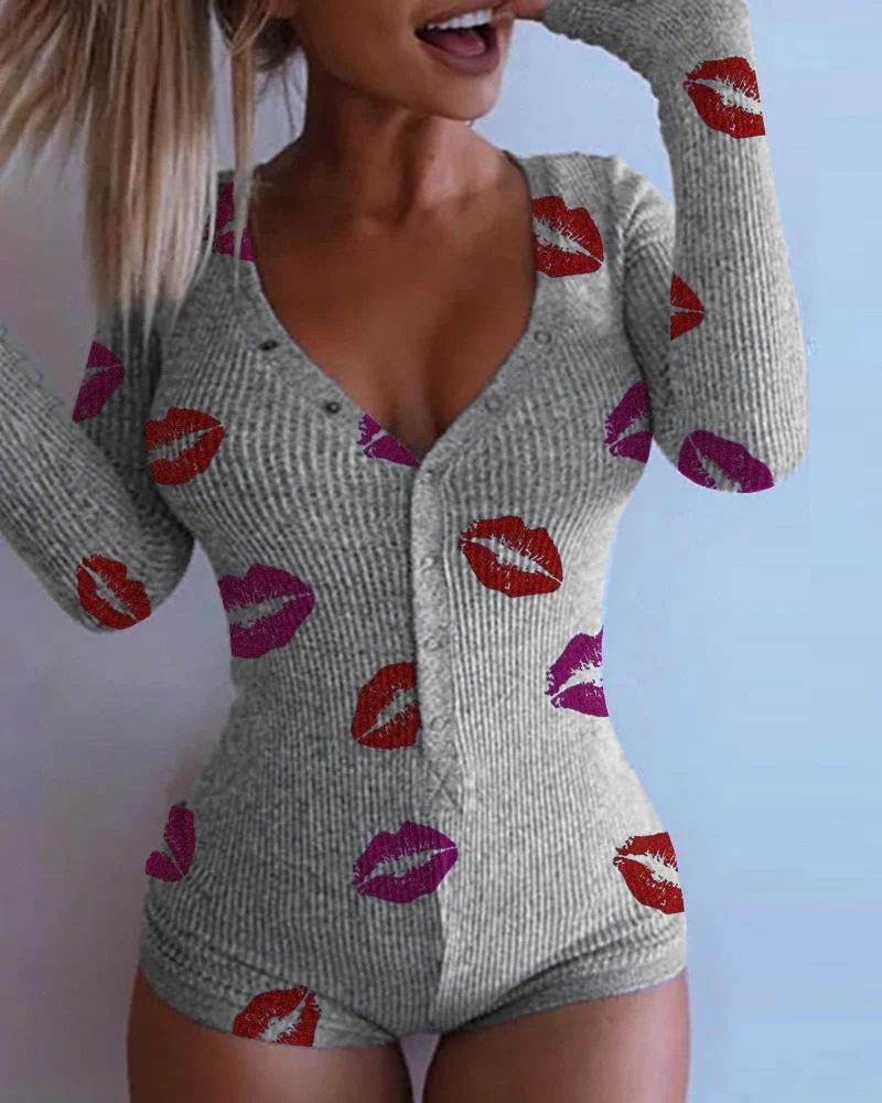 Hulianfu Spring New Women Knitted  Romper Homewear Cute Deep V-Neck Long-Sleeved Pajamas Female Star Pattern Button Jumpsuit - Deanwangkt