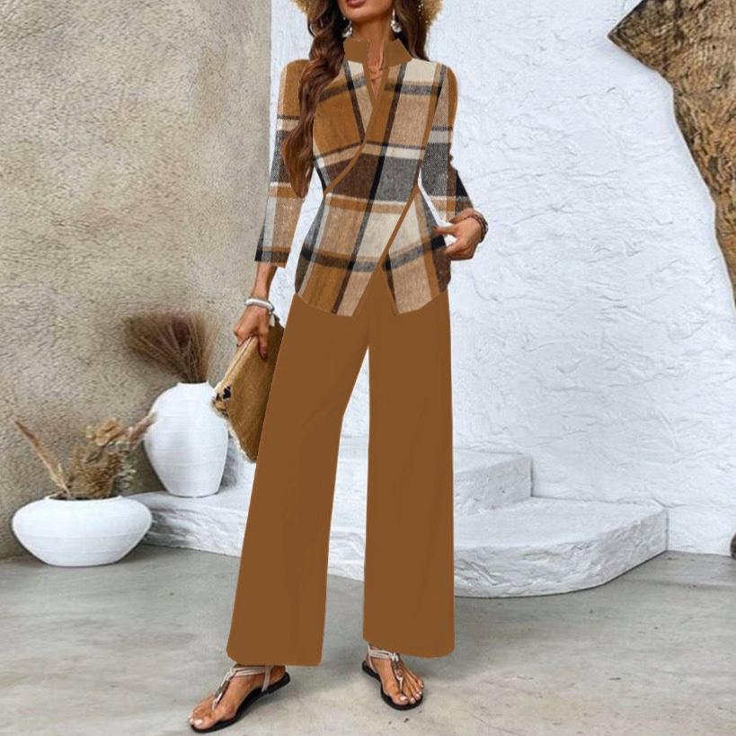 Brown Long Sleeve Plaid Two Piece Set