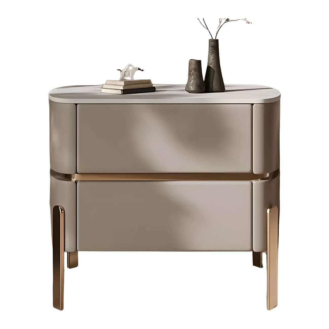 Glam Beige Leather Stone Top 2-Drawer Nightstand