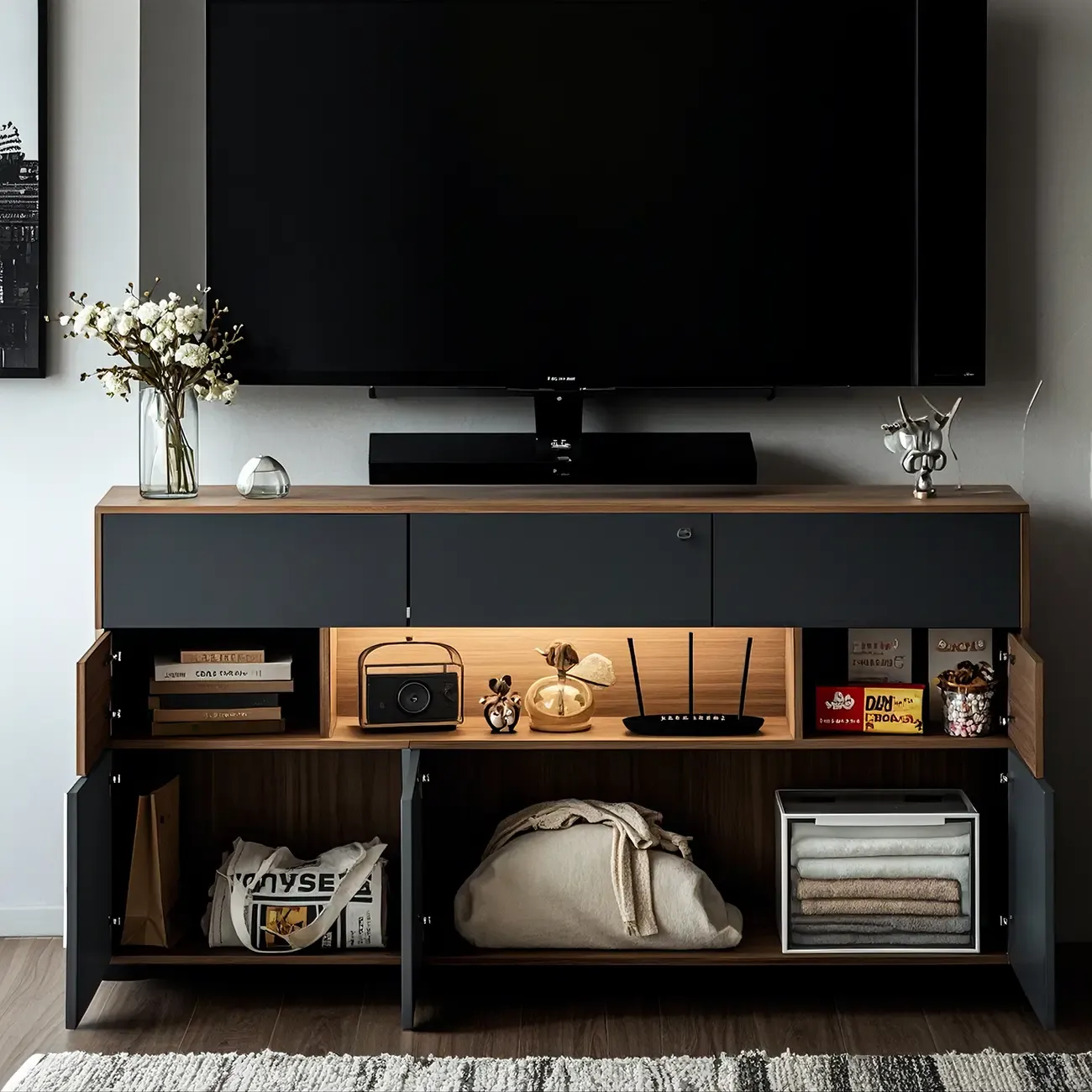 63 Black Wood Cabinet TV Stand with Open Shelving and Lights