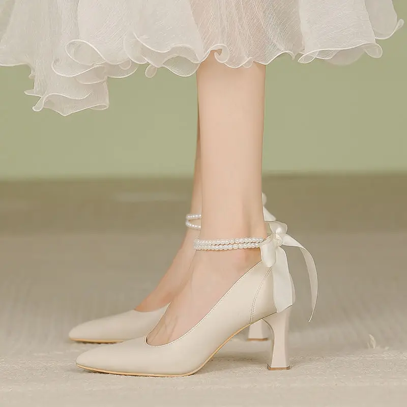 Shoes for Woman  Pumps High Heels Women's Summer Footwear on Heeled Moccasins with Straps Chunky Bow Bride Block Heel Young - Deanwangkt