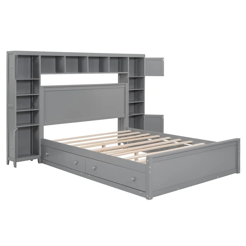 Modern Wooden Bed with Cabinet, Shelf, and Sockets