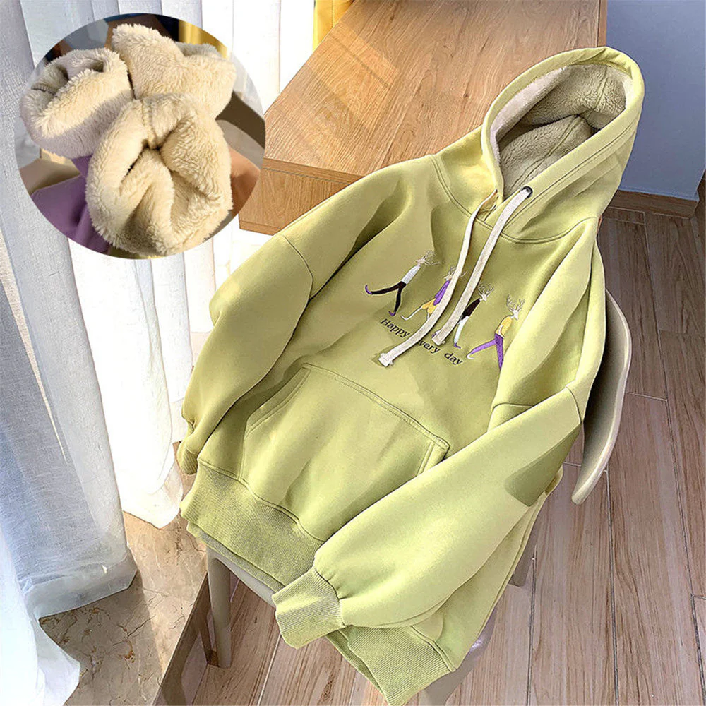 hulianfu Jacket women solid color hoodies autumn winter imitation lamb wool korean loose plus velvet thick zipper sweatshirt tops - Deanwangkt