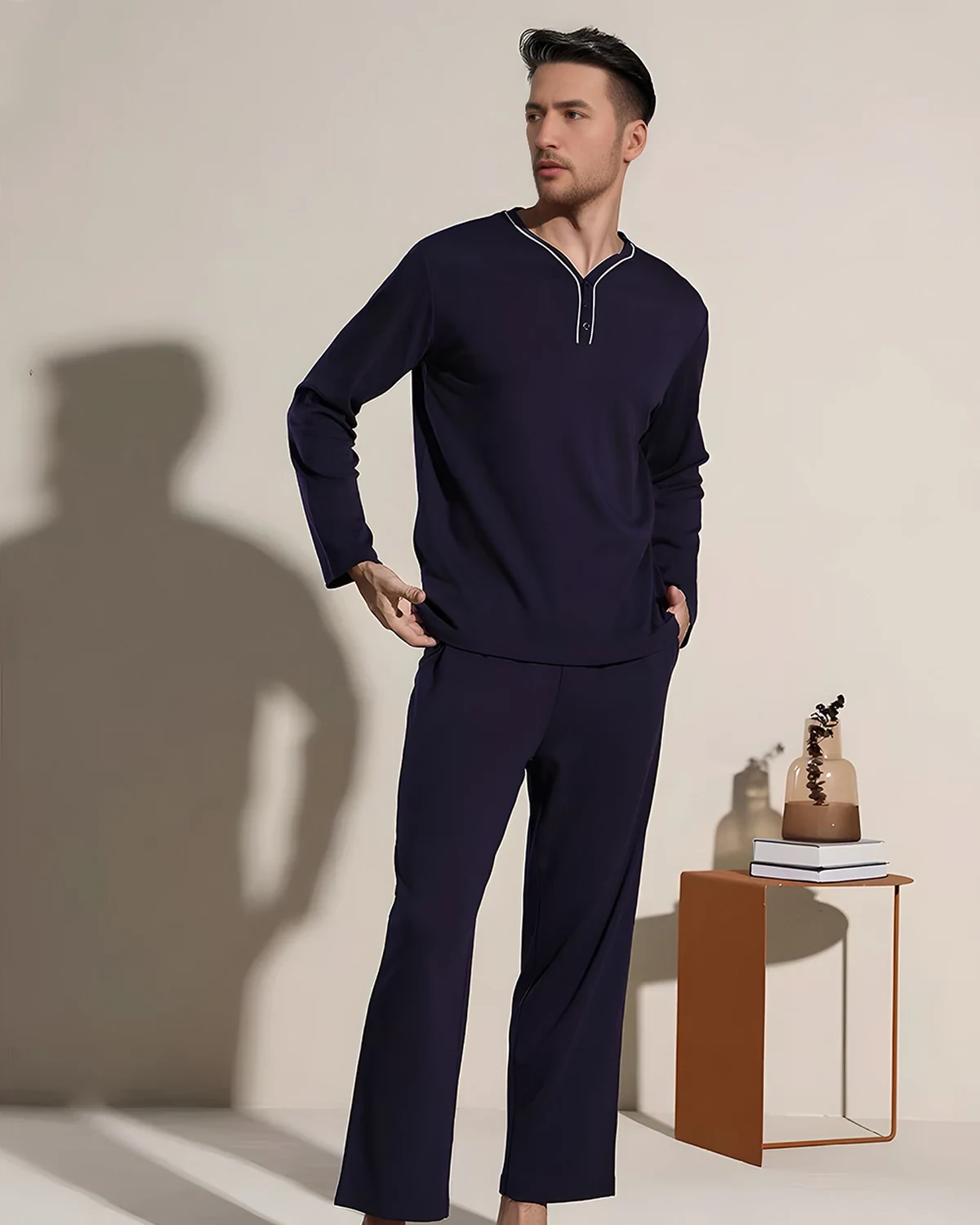Enjoy silky comfort ~ 60S modal-blend goblet-collar men's long-sleeve set, casual homewear pajamas and lounge pants