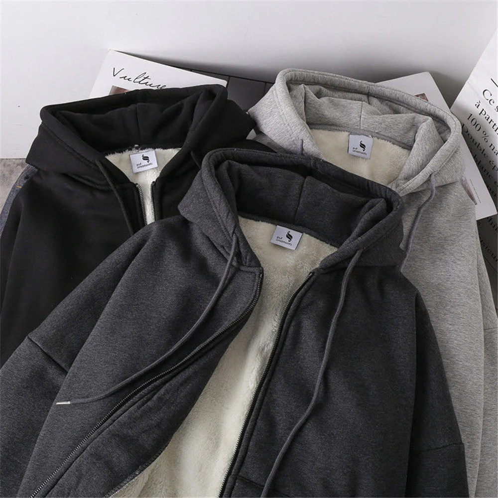 hulianfu Jacket women solid color hoodies autumn winter imitation lamb wool korean loose plus velvet thick zipper sweatshirt tops - Deanwangkt