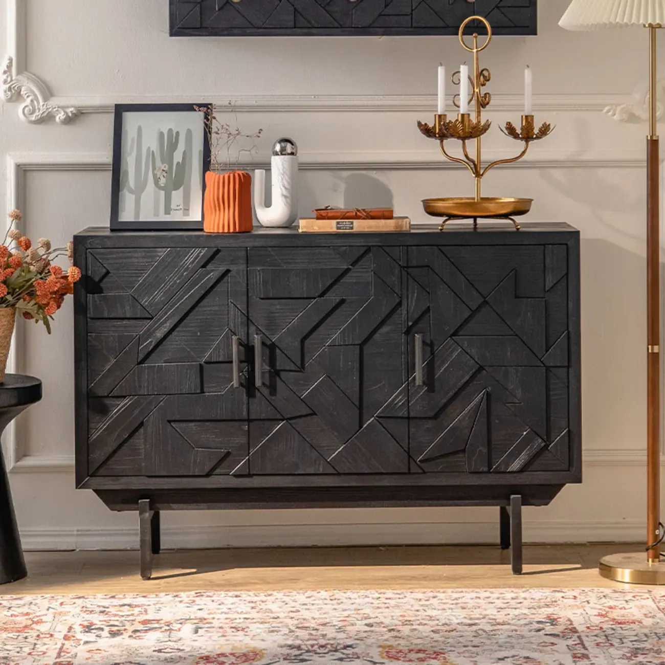 Mid-Century Rectangle Black Distressed Wood Carved Cabinet