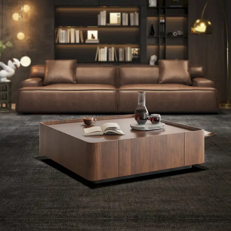 Mid-Century Modern Suqare Wood Finish Coffee Table with Drawers