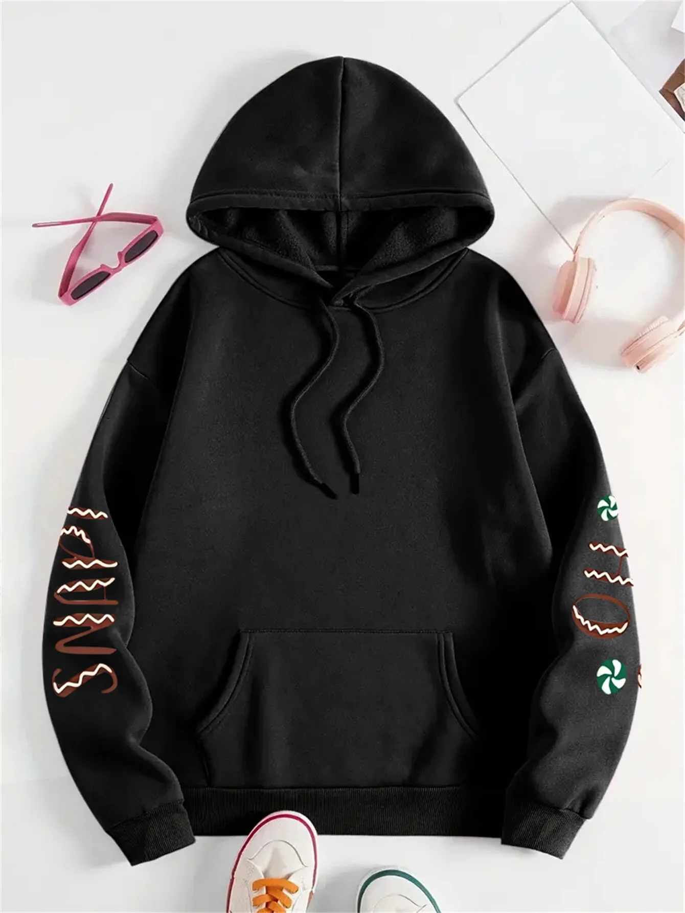 Cozy Women's Plus Size Christmas Print Drawstring Hoodie, Casual Long Sleeve Hoodie for Fall & Winter with Relaxed Fit - Deanwangkt