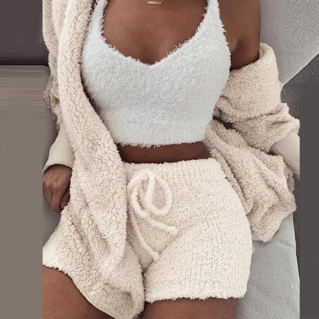 Three Piece Sexy Fluffy Outfits Plush Velvet Hooded Cardigan Coat+Shorts+Crop Top Women Tracksuit Sets Casual Sports Sweatshirt - Deanwangkt