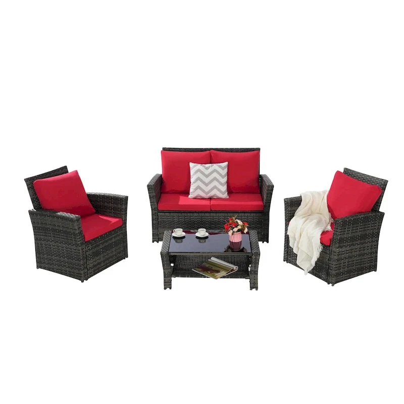 4-Piece Rattan Conversation Sofa Set with Glass Table