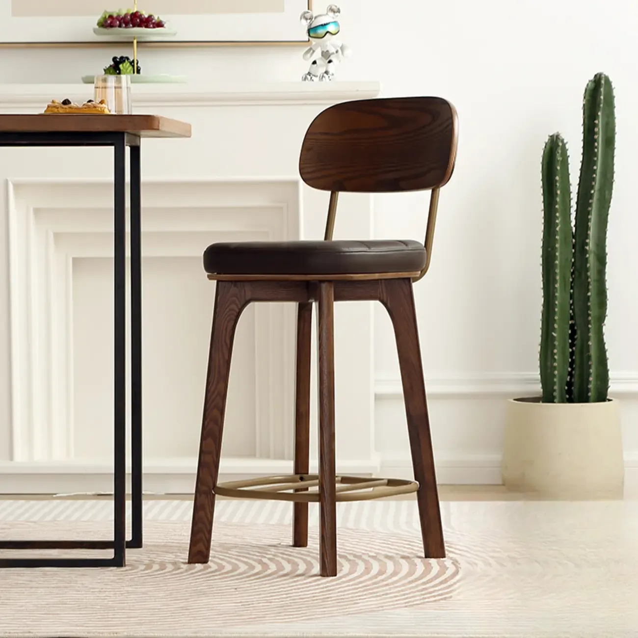 Wooden Square Leather Upholstered Bar Stool with Backrest