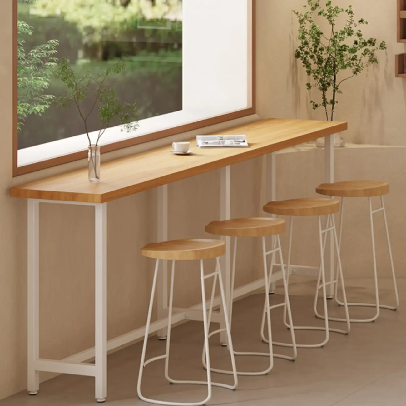 Natural Wooden Top Bar Table Metal Base with Footrest