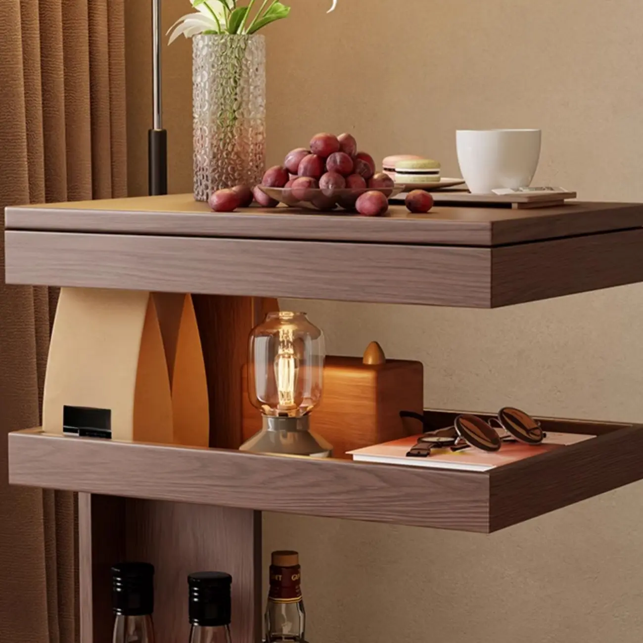 Brown Wood Rectangular 3-Tier Rolling Side Table