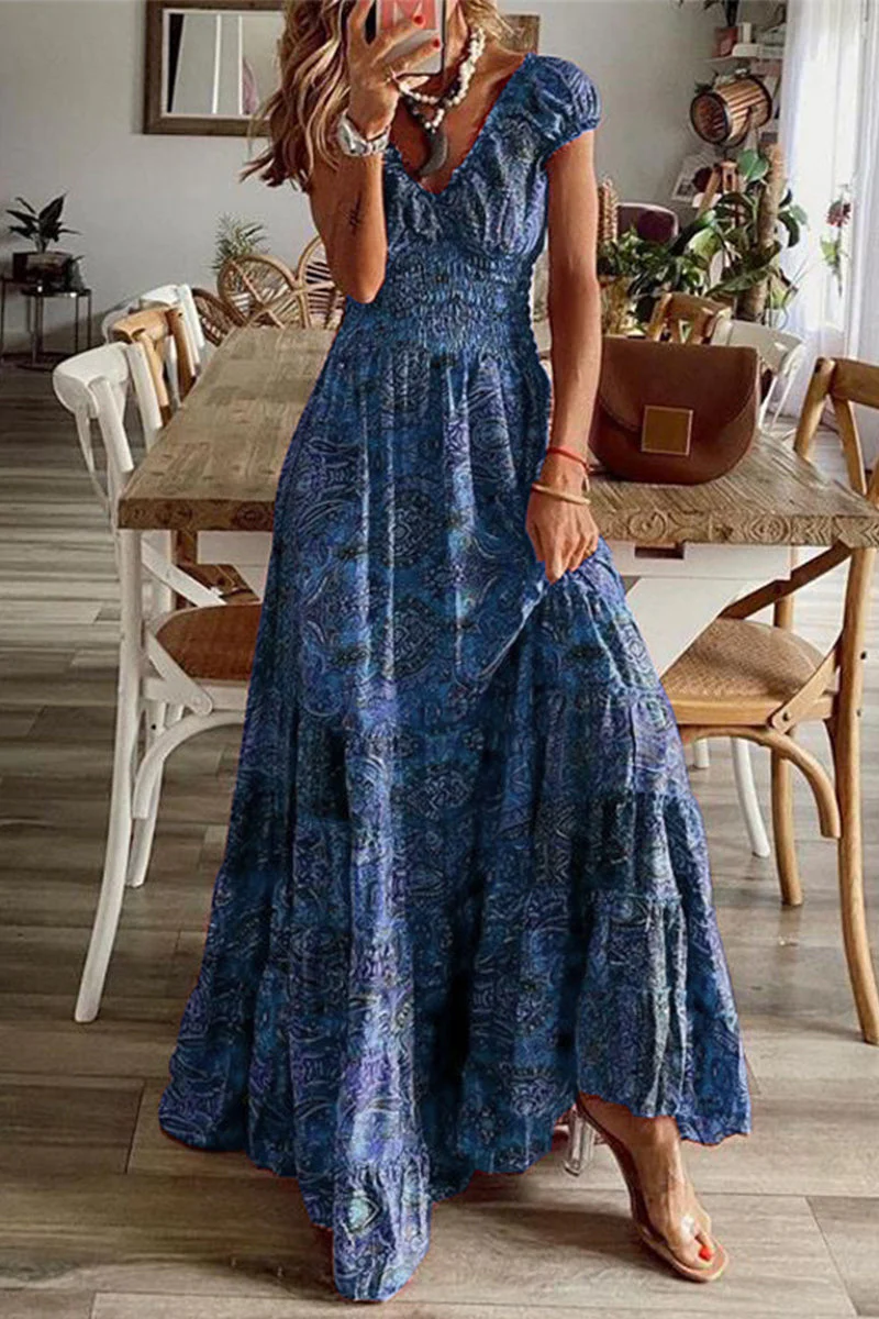 hulianfu - Bohemian College Print Fold V Neck A Line Dresses(6 Colors) - Deanwangkt