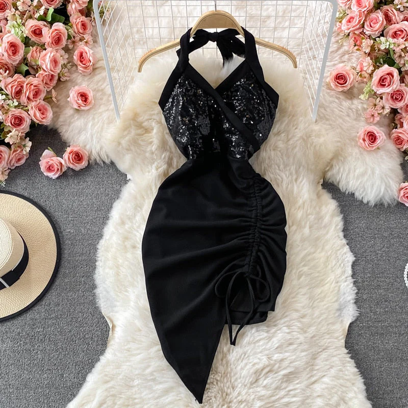 Hulianfu Summer Women Dress Sexy Lace-up Halter Sleeveless Sequins Party Dress High Waist Drawstring Ruched Irregular Backless Club Dress - Deanwangkt