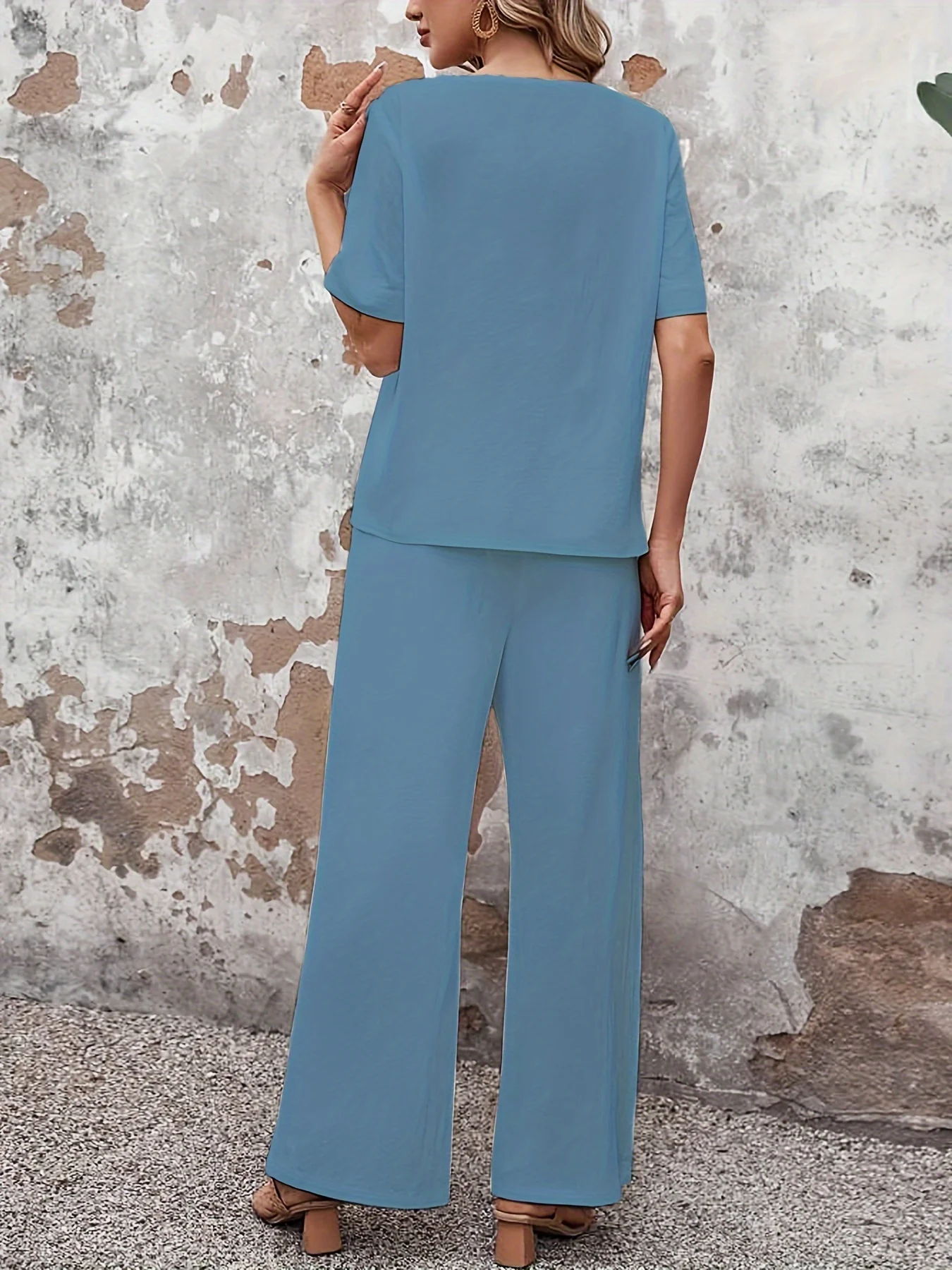 Two-Piece Elegant Crew Neck Short Sleeve Top and Split Wide Leg Pants Set - Soft Micro Elastic Polyester Fabric, Solid Color, and Classic Style for Spring/Summer - Womens Clothing Outfit - Deanwangkt