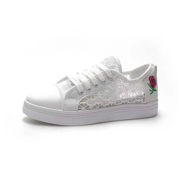 Women's Sneakers Canvas Shoes White Shoes Outdoor Daily Summer Flower Flat Heel Round Toe Casual Minimalism Walking Shoes Mesh Lace-up Embroidered White - Deanwangkt