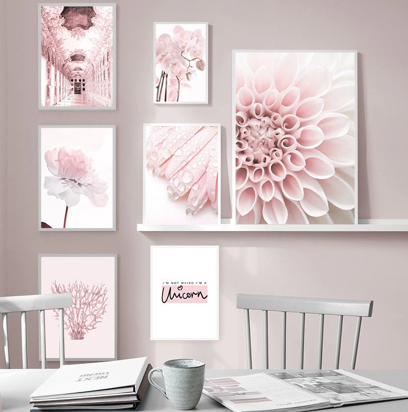 HULIANFU Pink Flower Dahlia Peony Coral Corridor Quotes Wall Art Canvas Painting Nordic Posters And Prints Wall Pictures For Living Room - Deanwangkt