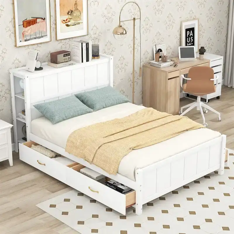 Merax Full Size Platform Bed with Drawers and Storage Shelves