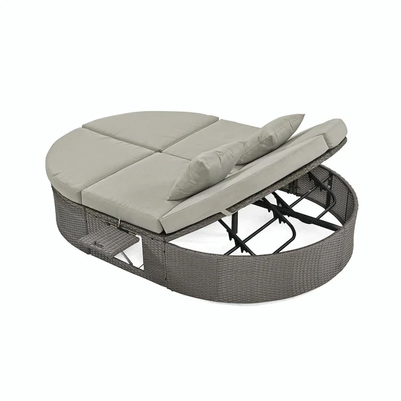 Rattan Patio Daybed with Cushions, Reclining Chaise Lounge, Foldable Trays
