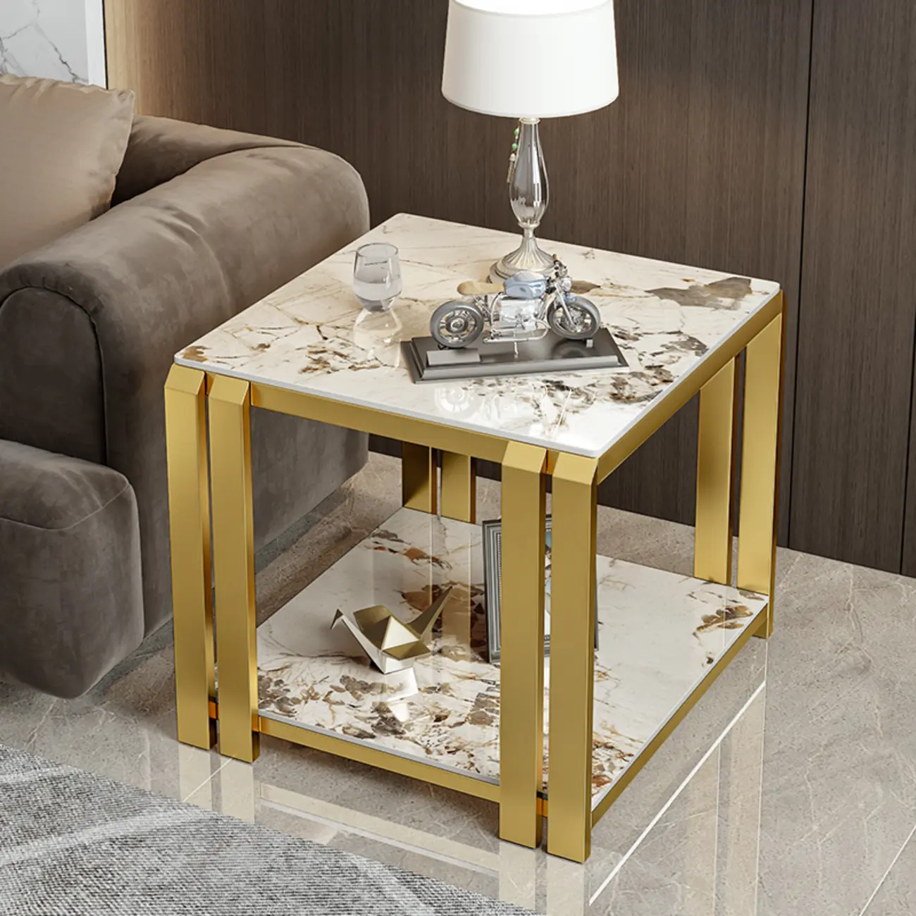 Gold-Black 2-Tier Stone Top Square Metal Frame Side Table