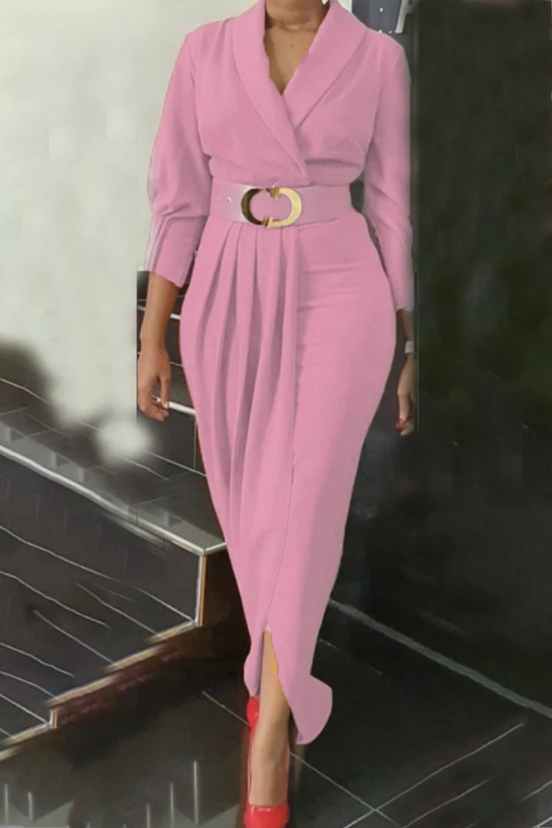 hulianfu Elegant Solid Patchwork Fold With Belt V Neck Long Sleeve Plus Size Dresses - Deanwangkt