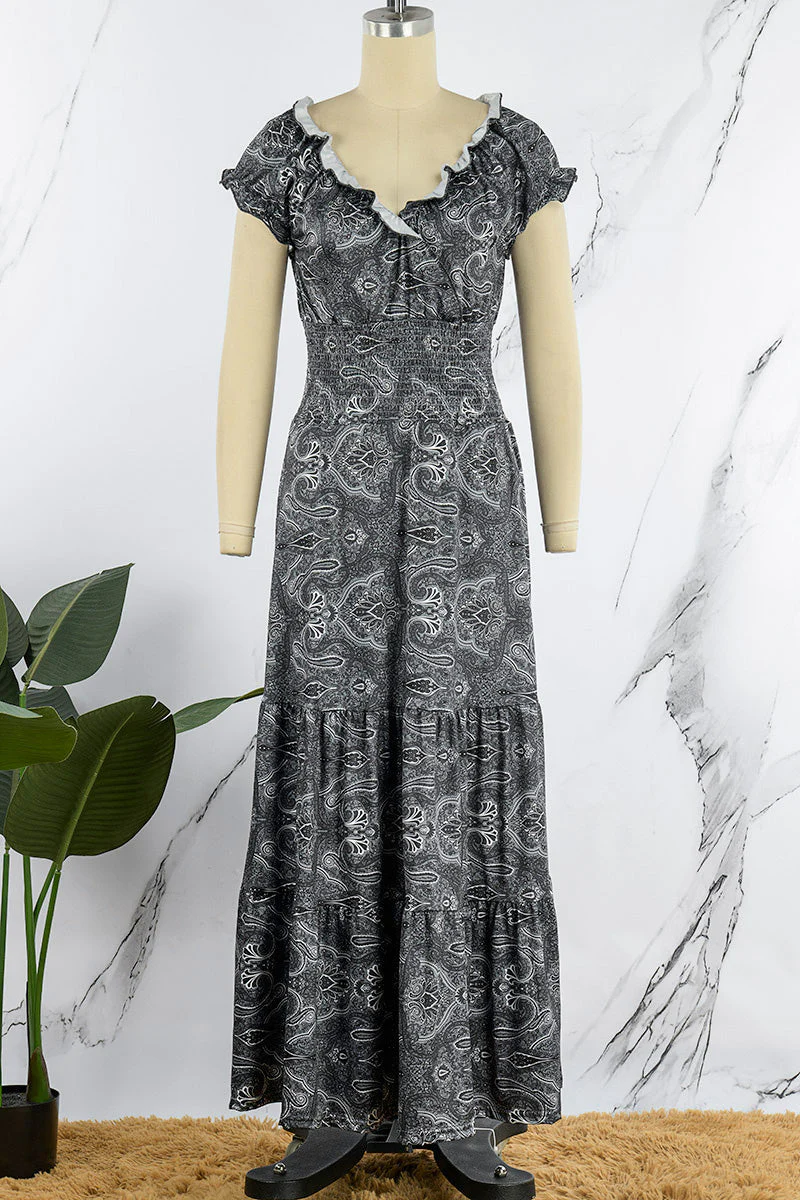hulianfu - Bohemian College Print Fold V Neck A Line Dresses(6 Colors) - Deanwangkt