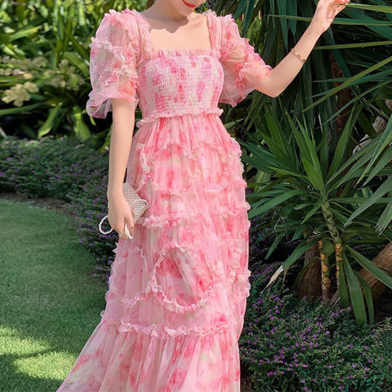 New French Floral Pink Square Collar Slim Fairy Dress Aestethic Summer Party Beach Dress Elegant Long Dresses Woman Clothes - Deanwangkt