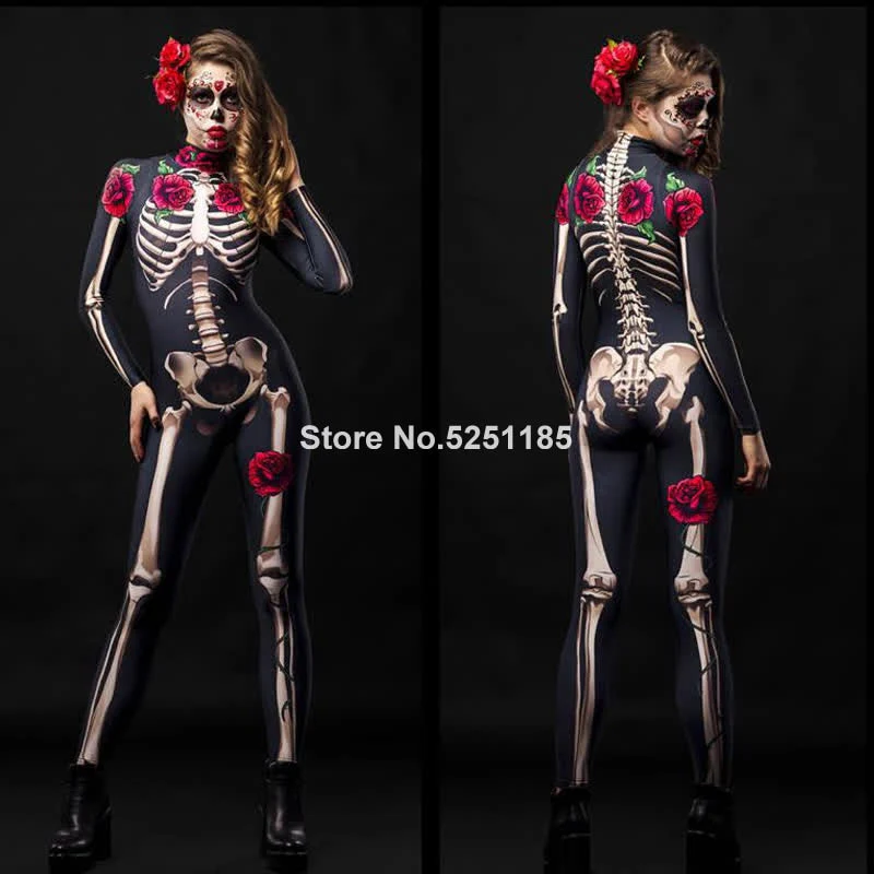 HULIANFU Women Cosplay Skeleton Rose Sexy Bodysuit Halloween Devil Ghost Specter Jumpsuit Romper Party Carnival Performance Scary Costume - Deanwangkt