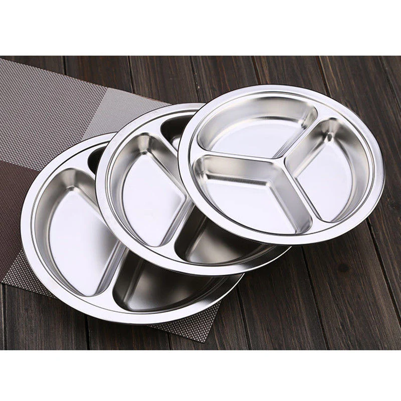 HULIANFU Stainless Steel Dinner Plate 3 Sections Round Divided Dish Children Fruit Snack Tray Baby Bowls Kitchen Tableware Dia 22/24/26cm - Deanwangkt