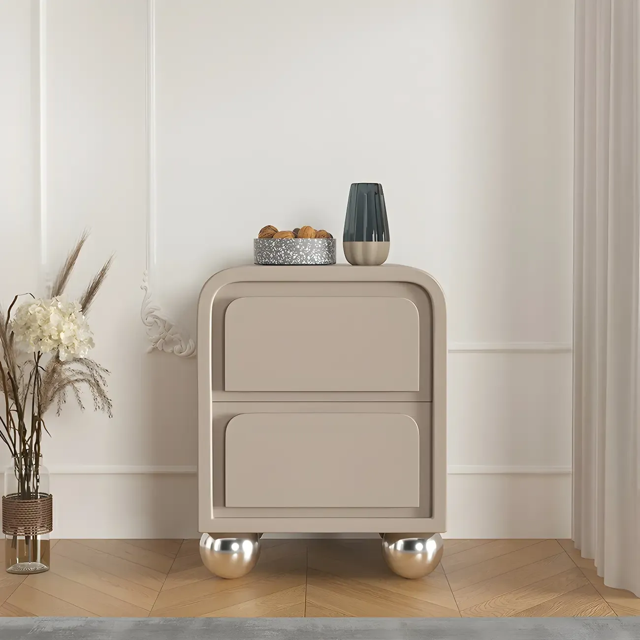 Narrow Off-White Faux Leather 2 Drawers Nightstand