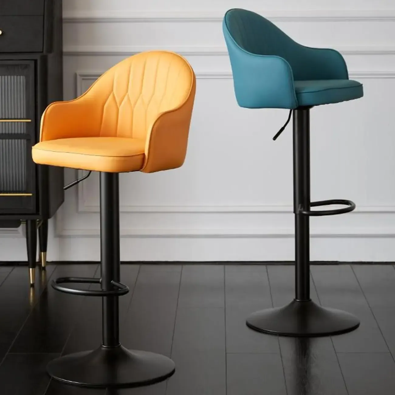 Swivel Upholstered Adjustable Height Home Armed Barstool with Metal Base