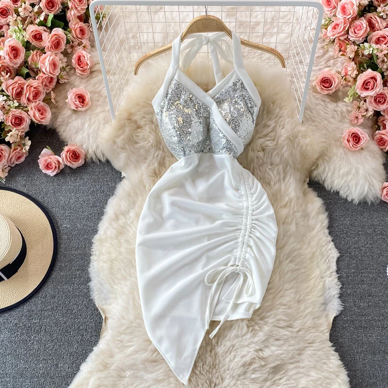 Hulianfu Summer Women Dress Sexy Lace-up Halter Sleeveless Sequins Party Dress High Waist Drawstring Ruched Irregular Backless Club Dress - Deanwangkt