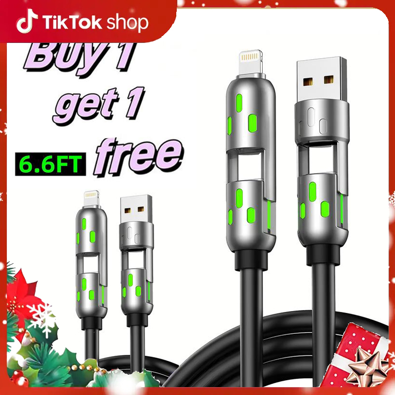 [Buy 1 get 1 free]-6.6FT 4-in-1 USB-C Cable, PD Fast Charging, Data Sync, USB-A, Type-C, Lightning,  Aluminum, Compatible