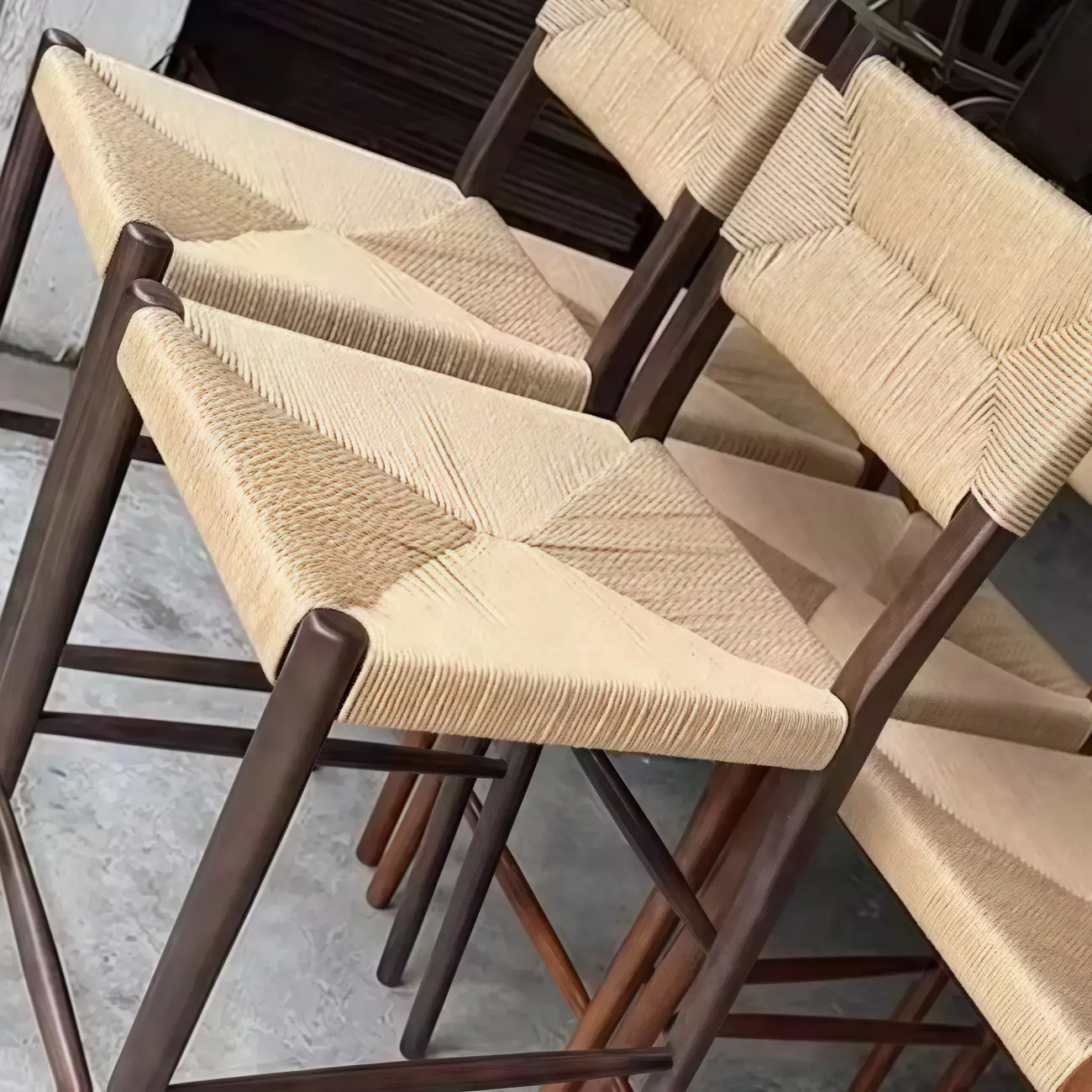 Natural Wood Woven Seat Low Back Bar Stools