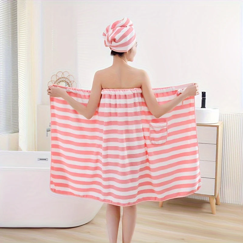 2pcs High Quality Striped Bath Towel Set, 1 Soft Cover Up Towel Skirt + 1 Super Absorbent Hair Drying Towel, Skin-friendly Shower Towel Set Gift, Bathroom Supplies, Home Supplies - Deanwangkt