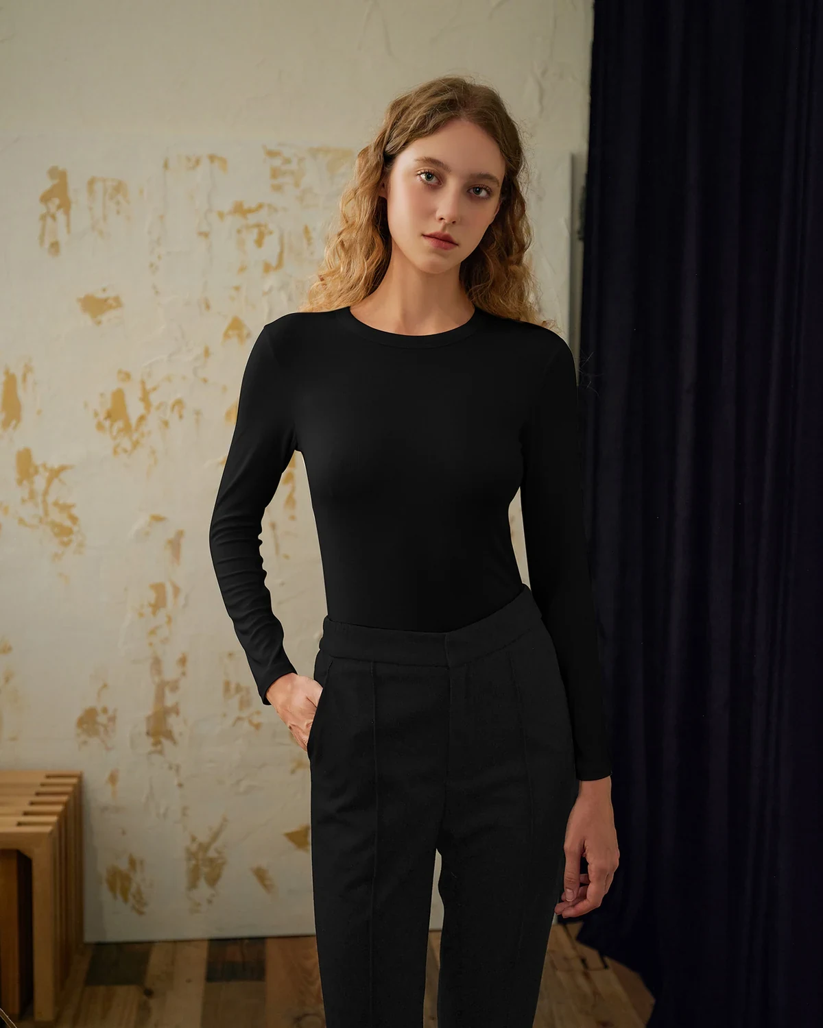 Fall/Winter Fashionable Versatile Modal Merino Wool Blend Crewneck Base Layer Top for Women, Lightweight Warm Long-Sleeve Shirt