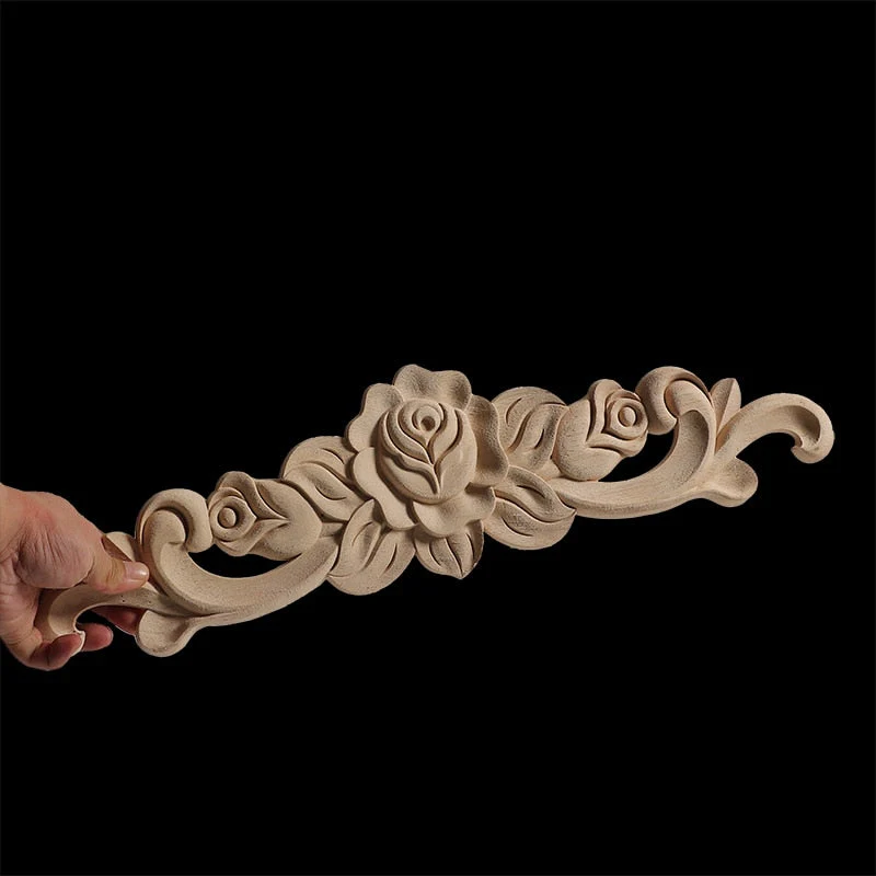 HULIANFU Long Rose Flower Exquisite Carving Natural Wood Appliques Furniture Wooden Mouldings Wmqe Vintage Unpainted Decoration Decal - Deanwangkt