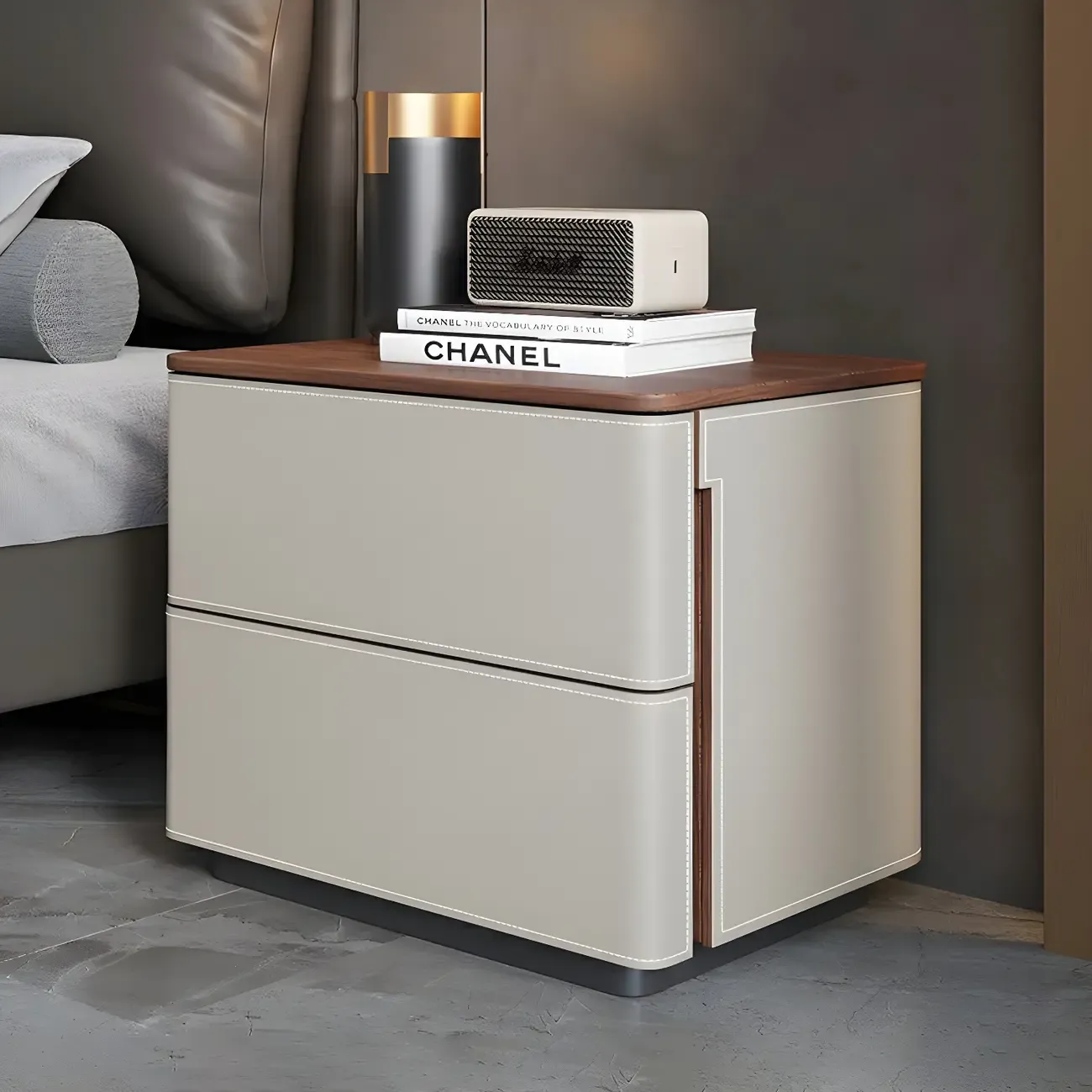 Modern Faux Leather Wood Top Drawers Nightstand