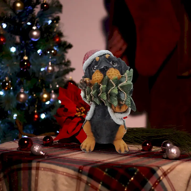 Christmas Santa Black and Tan Puppy Statue w/ Pine Tree - 11  H