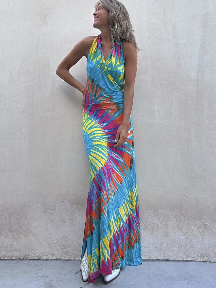 Hulianfu Sexy Backless Halter Print Long Bodycon Dress Women 2026  Summer Boho Holiday V-neck Sleevless Bodycon Dresses For Women Sundress - Deanwangkt