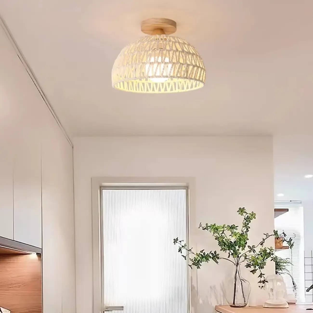 Oriental White Semi-Flush Ceiling Light with Natural Finish