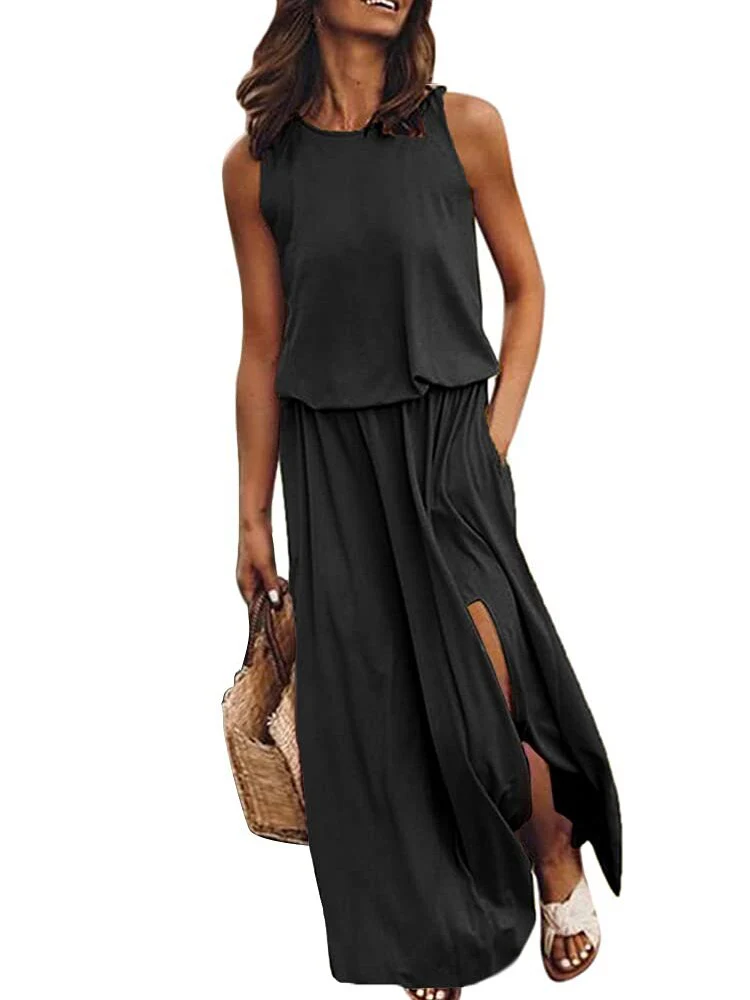 hulianfu Summer Solid Long Dress Women Casual Sleeveless Elastic Waist Side Slit Maxi Dresses Female O-Neck Loose Tank Dress Sundress - Deanwangkt
