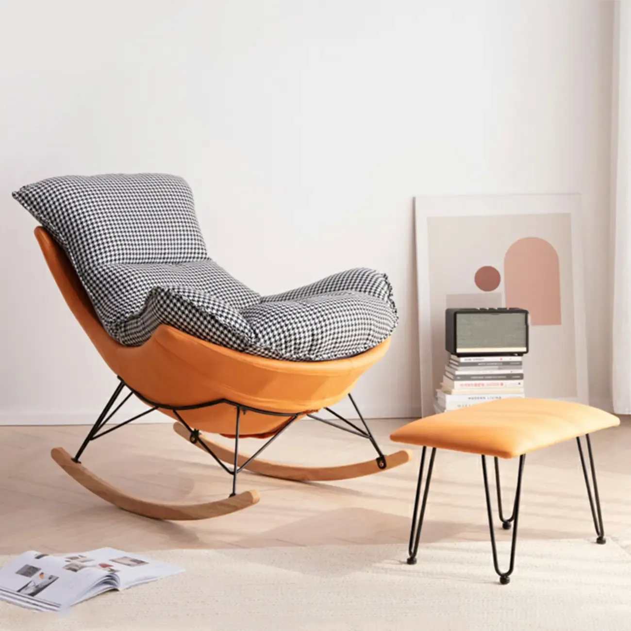 Mid Century Modern Upholstered Rocking Chair with Ottoman