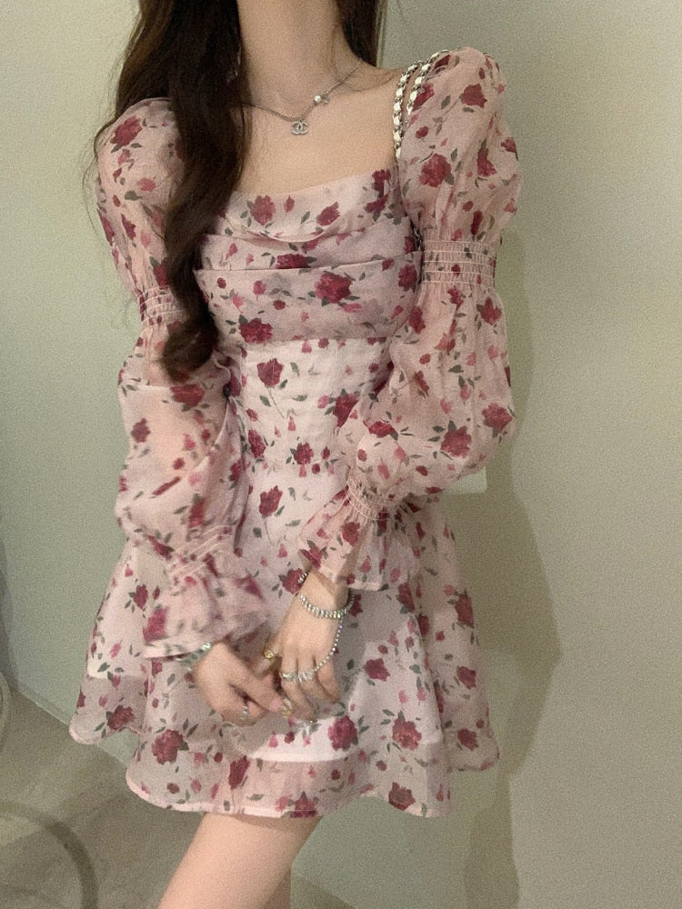 Hulianfu Vintage Sweet Korean Fashion Floral Bodycon Mini Dress for Women Party Beach Long Sleeve Casual Dresses Elegant Summer 2026  Pink - Deanwangkt