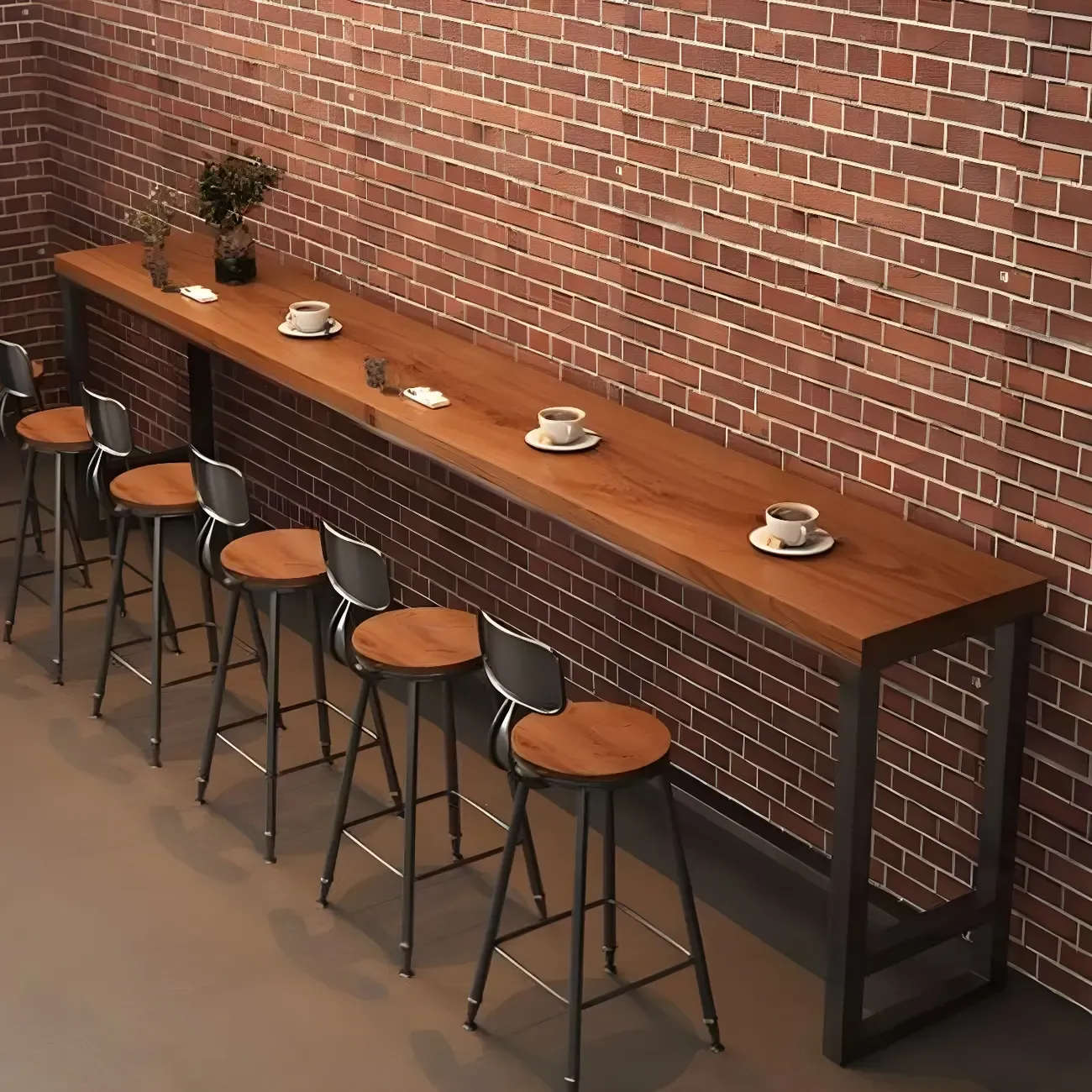 Industrial Brown Pine Wooden Metal Trestle Bar Tables